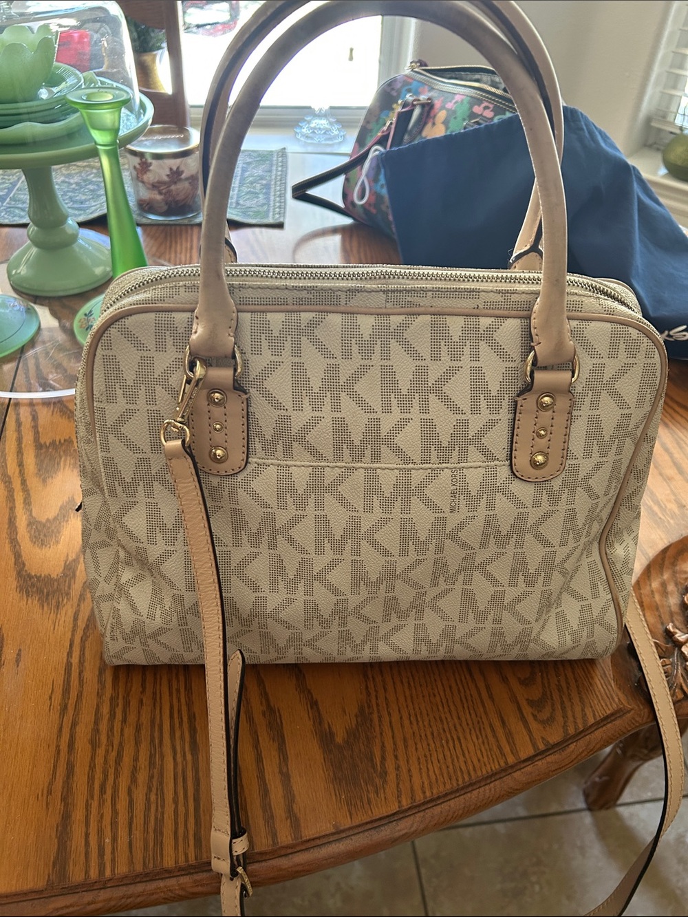 Michael Kors Beige MK Logo Satchel with Gold-Tone Hardware